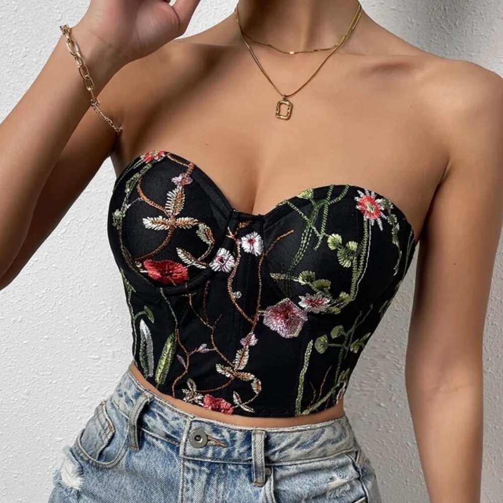 Floral Print Embroidered Corset Cropped Top - Picture 2 of 5